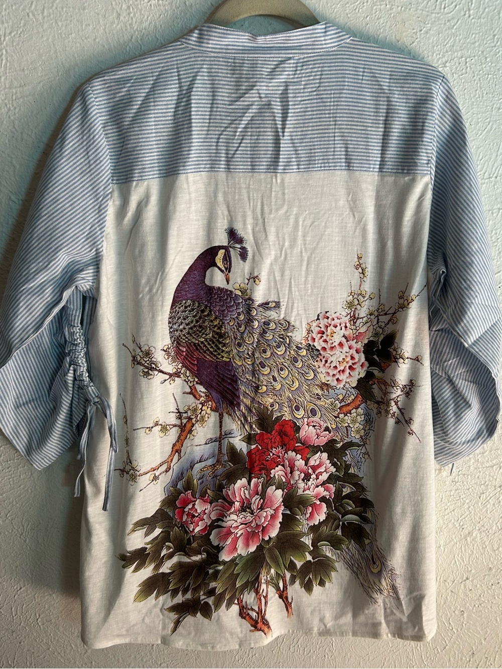 Paper Lace Blue Stripe Peacock Floral Tunic Blouse XL NWT Boho